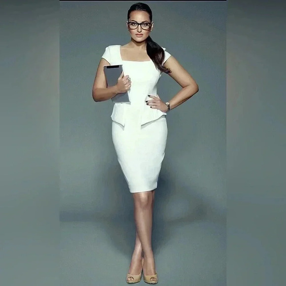 Zara White Peplum Cap Sleeve Midi Dress Sz M - Picture 2 of 13